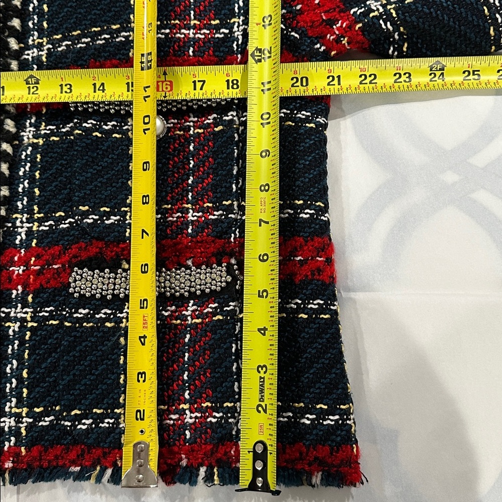 Zara Navy Black Red Plaid Bouckle Tweed Pearl Beaded Trim Blazer Jacket Size L❤️ - Picture 13 of 15